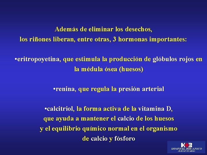 Además de eliminar los desechos, los riñones liberan, entre otras, 3 hormonas importantes: •