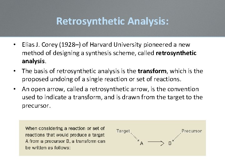 Retrosynthetic Analysis: • Elias J. Corey (1928–) of Harvard University pioneered a new method