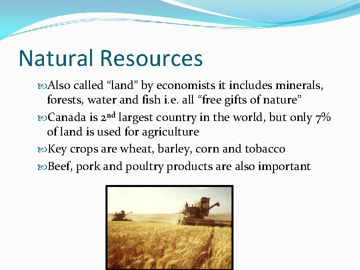 Natural Resources Also called “land” by economists it includes minerals, forests, water and fish
