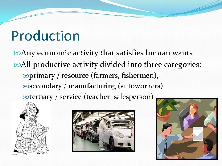 Production Any economic activity that satisfies human wants All productive activity divided into three