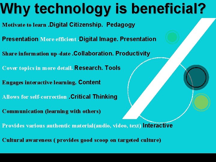 Why technology is beneficial? Motivate to learn. Digital Citizenship. Pedagogy Presentation More efficient. Digital