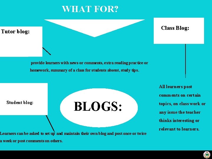 WHAT FOR? Class Blog: Tutor blog: provide learners with news or comments, extra reading