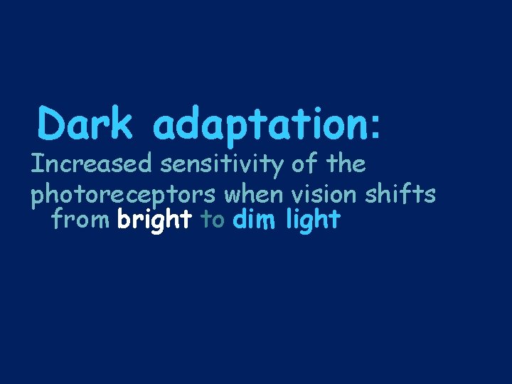 Dark adaptation: Increased sensitivity of the photoreceptors when vision shifts from bright to dim