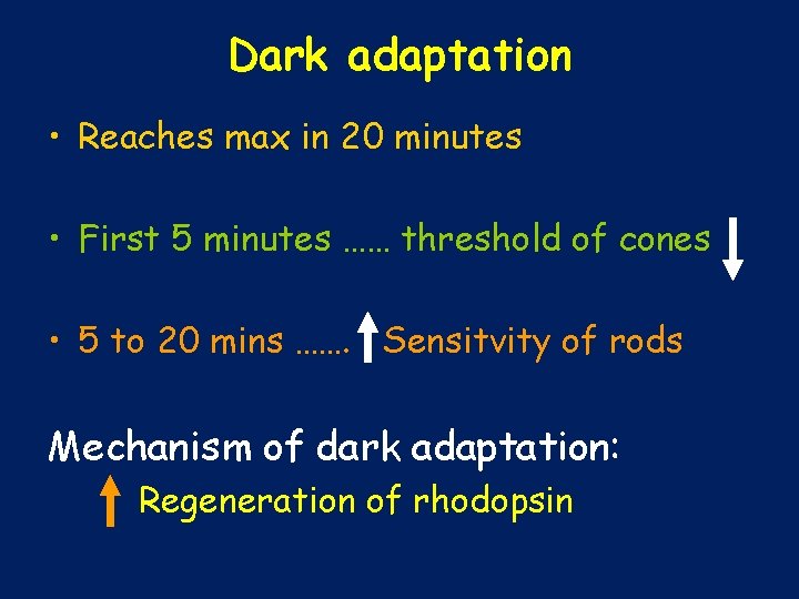 Dark adaptation • Reaches max in 20 minutes • First 5 minutes …… threshold