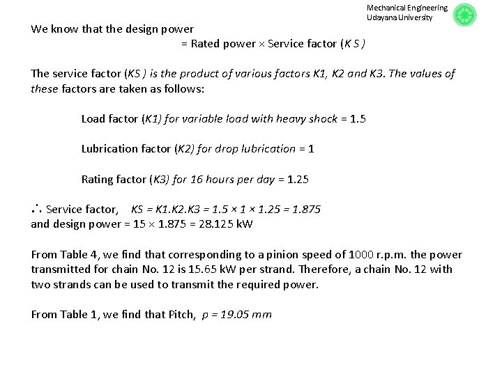 We know that the design power = Rated power × Service factor (K S We know that the design power = Rated power × Service factor (K S
