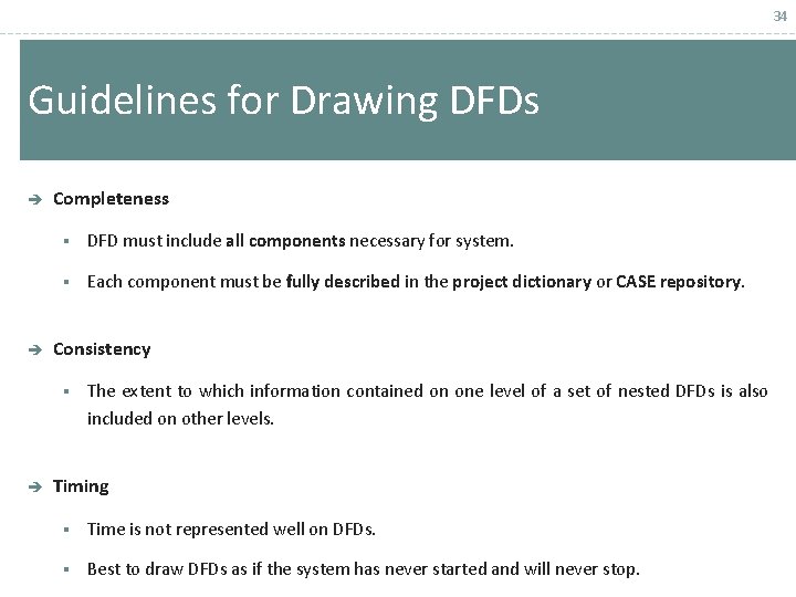 34 Guidelines for Drawing DFDs è è Completeness § DFD must include all components