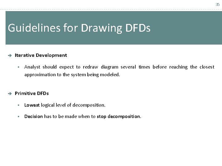 35 Guidelines for Drawing DFDs è Iterative Development § è Analyst should expect to