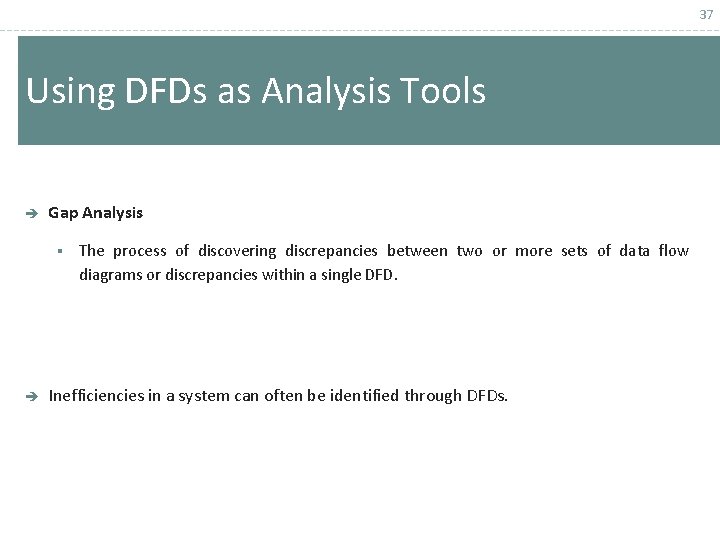 37 Using DFDs as Analysis Tools è Gap Analysis § è The process of