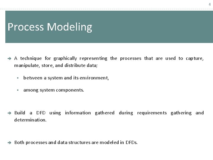 4 Process Modeling è A technique for graphically representing the processes that are used