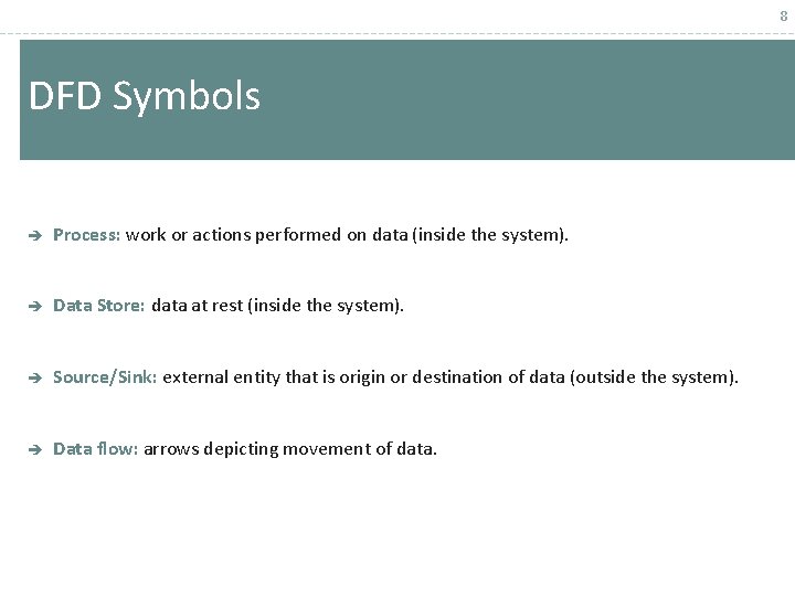 8 DFD Symbols è Process: work or actions performed on data (inside the system).