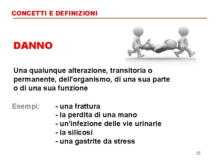 CONCETTI E DEFINIZIONI DANNO Una qualunque alterazione, transitoria o permanente, dell'organismo, di una sua