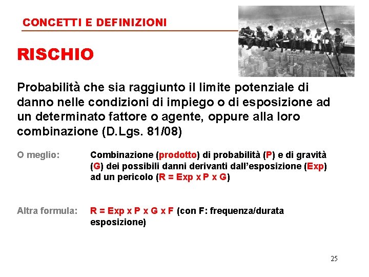 CONCETTI E DEFINIZIONI RISCHIO Probabilità che sia raggiunto il limite potenziale di danno nelle