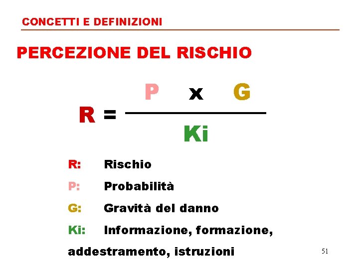 CONCETTI E DEFINIZIONI PERCEZIONE DEL RISCHIO R= P x G Ki R: Rischio P: