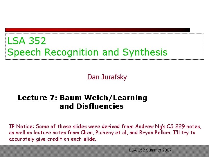 LSA 352 Speech Recognition and Synthesis Dan Jurafsky Lecture 7: Baum Welch/Learning and Disfluencies