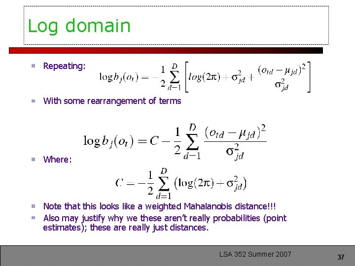 Log domain Repeating: With some rearrangement of terms Where: Note that this looks like