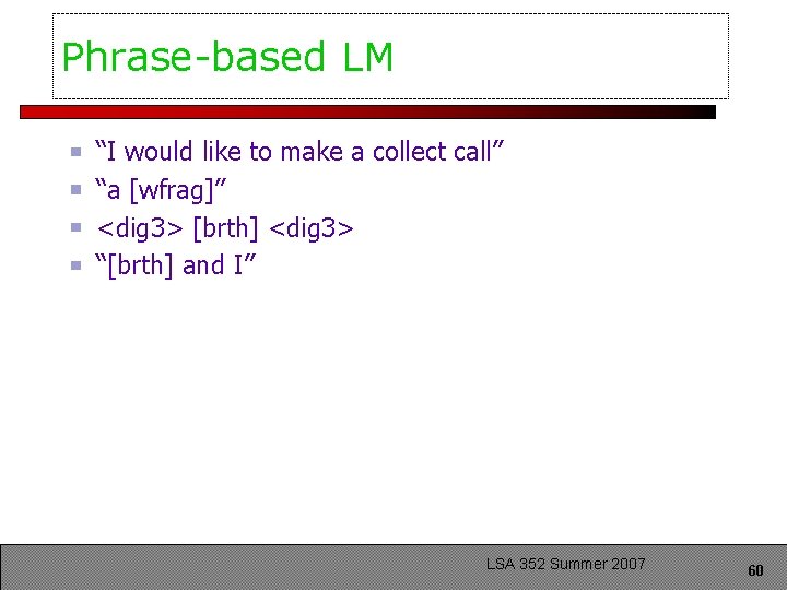 Phrase-based LM “I would like to make a collect call” “a [wfrag]” <dig 3>