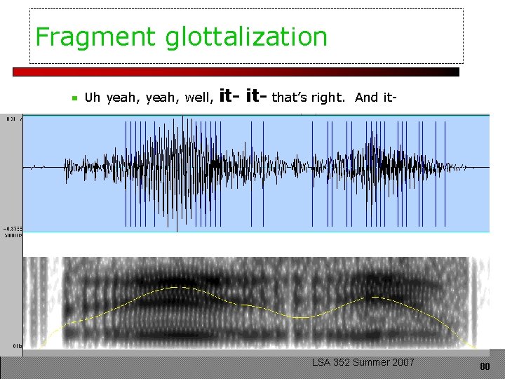 Fragment glottalization Uh yeah, well, it- that’s right. And it- LSA 352 Summer 2007