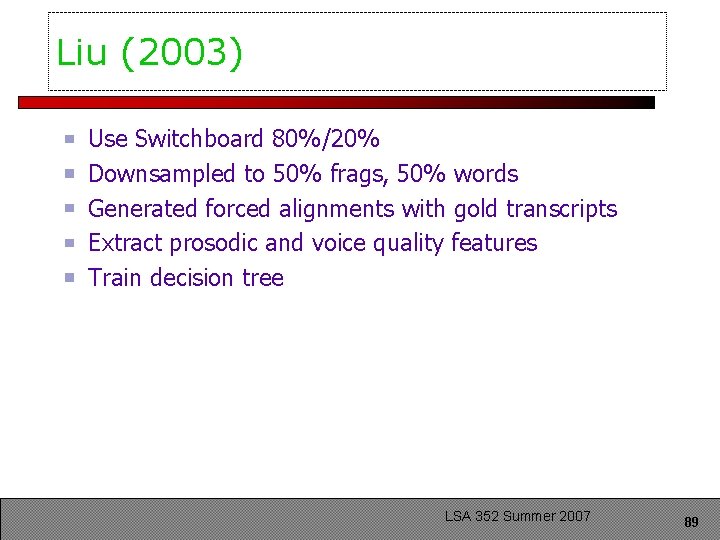 Liu (2003) Use Switchboard 80%/20% Downsampled to 50% frags, 50% words Generated forced alignments