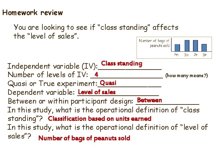 Homework review You are looking to see if “class standing” affects the “level of