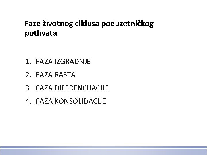 Faze životnog ciklusa poduzetničkog pothvata 1. FAZA IZGRADNJE 2. FAZA RASTA 3. FAZA DIFERENCIJACIJE