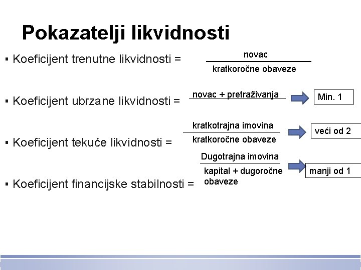 Pokazatelji likvidnosti novac ▪ Koeficijent trenutne likvidnosti = ▪ Koeficijent ubrzane likvidnosti = kratkoročne