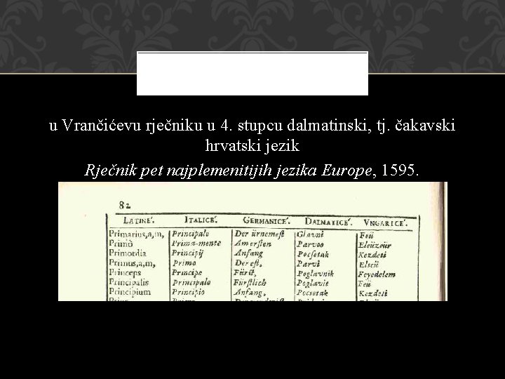 u Vrančićevu rječniku u 4. stupcu dalmatinski, tj. čakavski hrvatski jezik Rječnik pet najplemenitijih