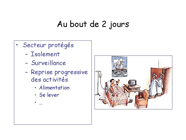 Au bout de 2 jours • Secteur protégés – Isolement – Surveillance – Reprise