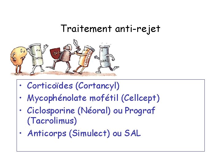 Traitement anti-rejet • Corticoïdes (Cortancyl) • Mycophénolate mofétil (Cellcept) • Ciclosporine (Néoral) ou Prograf