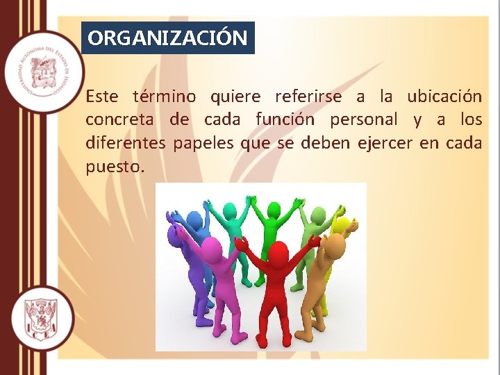 ORGANIZACIÓN Este término quiere referirse a la ubicación concreta de cada función personal y