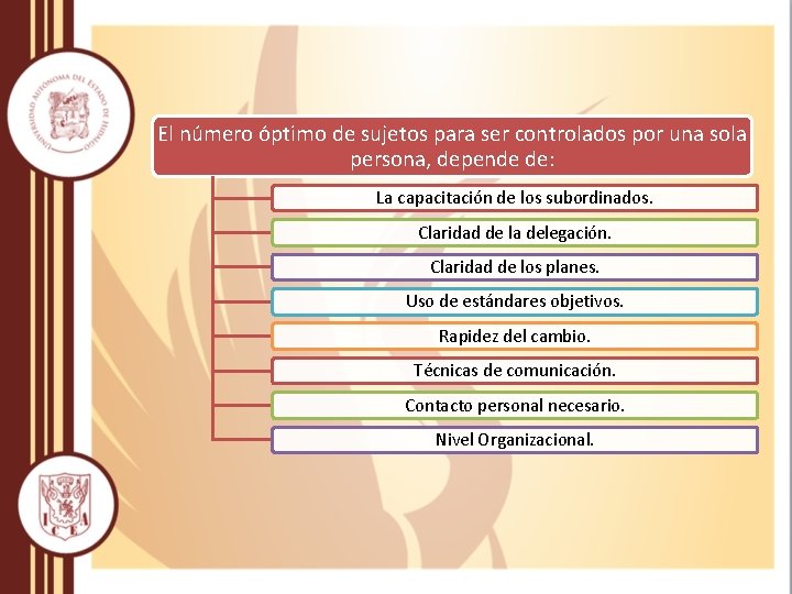 El número óptimo de sujetos para ser controlados por una sola persona, depende de: