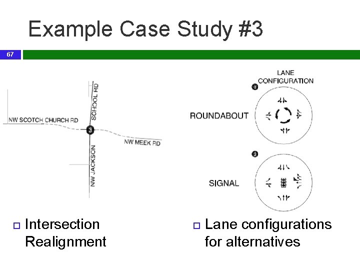 Example Case Study #3 67 Intersection Realignment Lane configurations for alternatives 