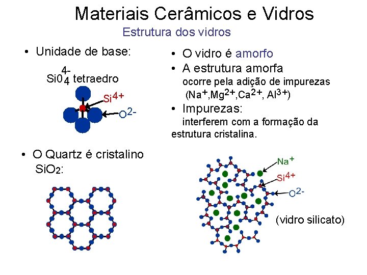 Materiais Cerâmicos e Vidros Estrutura dos vidros • Unidade de base: 4 Si 0 Materiais Cerâmicos e Vidros Estrutura dos vidros • Unidade de base: 4 Si 0