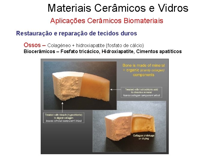 Materiais Cerâmicos e Vidros Aplicações Cerâmicos Biomateriais Restauração e reparação de tecidos duros Ossos Materiais Cerâmicos e Vidros Aplicações Cerâmicos Biomateriais Restauração e reparação de tecidos duros Ossos