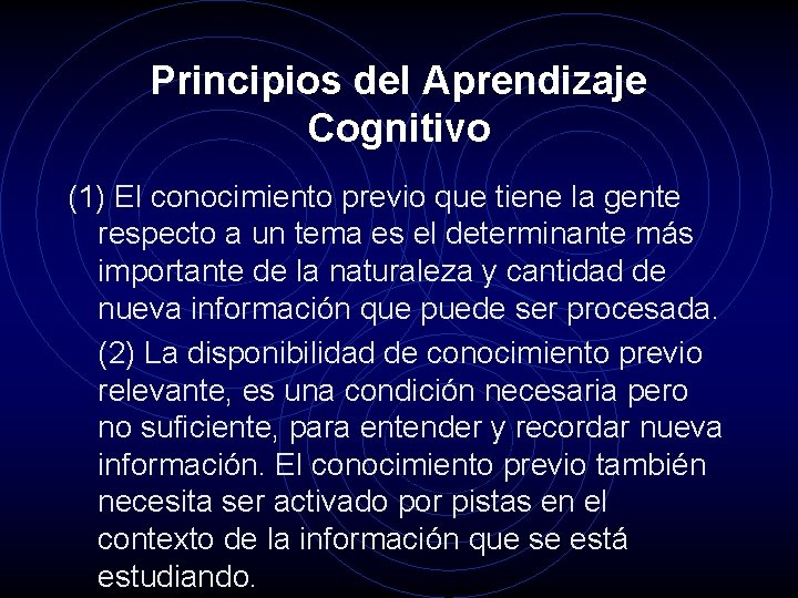 Principios del Aprendizaje Cognitivo (1) El conocimiento previo que tiene la gente respecto a