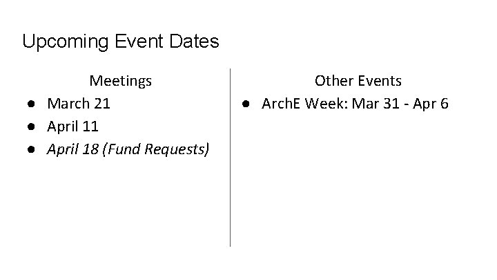 Upcoming Event Dates Meetings ● March 21 ● April 18 (Fund Requests) Other Events