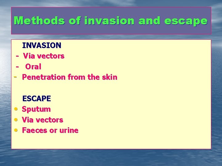 Methods of invasion and escape INVASION - Via vectors - Oral - Penetration from