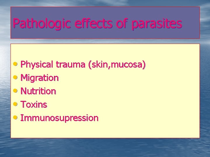 Pathologic effects of parasites • Physical trauma (skin, mucosa) • Migration • Nutrition •