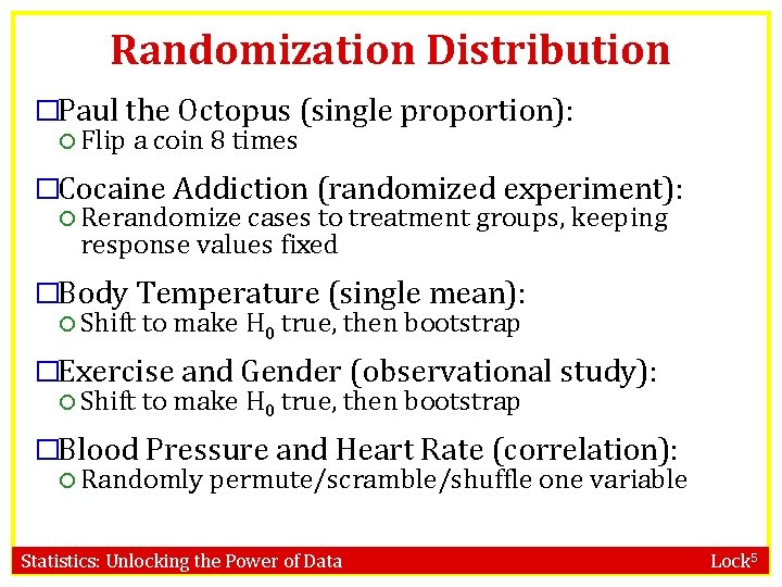 Randomization Distribution �Paul the Octopus (single proportion): Flip a coin 8 times �Cocaine Addiction