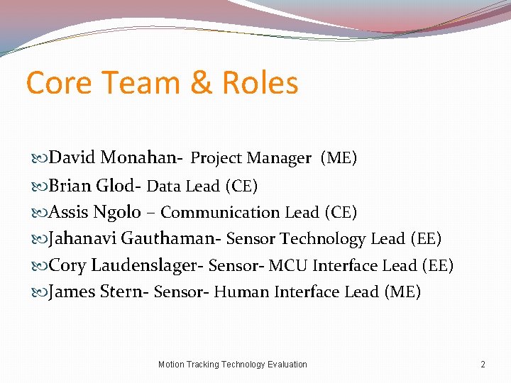 Core Team & Roles David Monahan‐ Project Manager (ME) Brian Glod‐ Data Lead (CE)