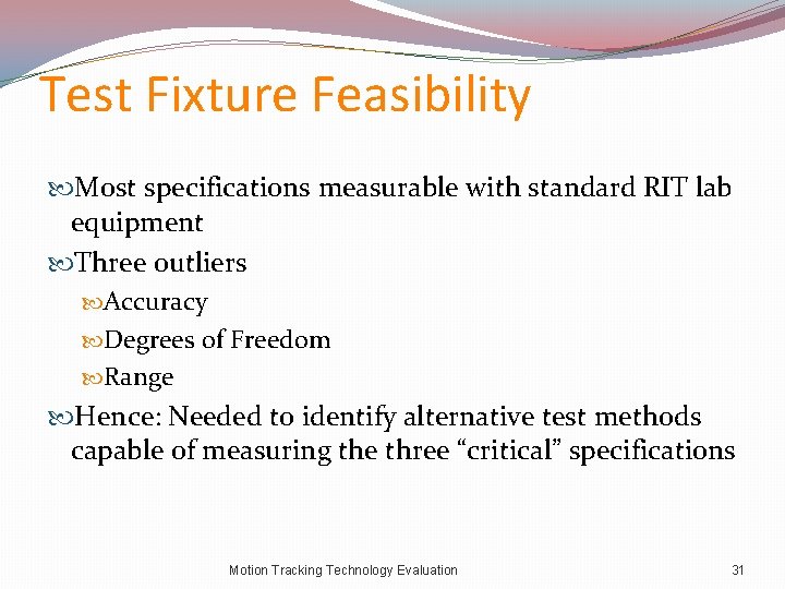 Test Fixture Feasibility Most specifications measurable with standard RIT lab equipment Three outliers Accuracy