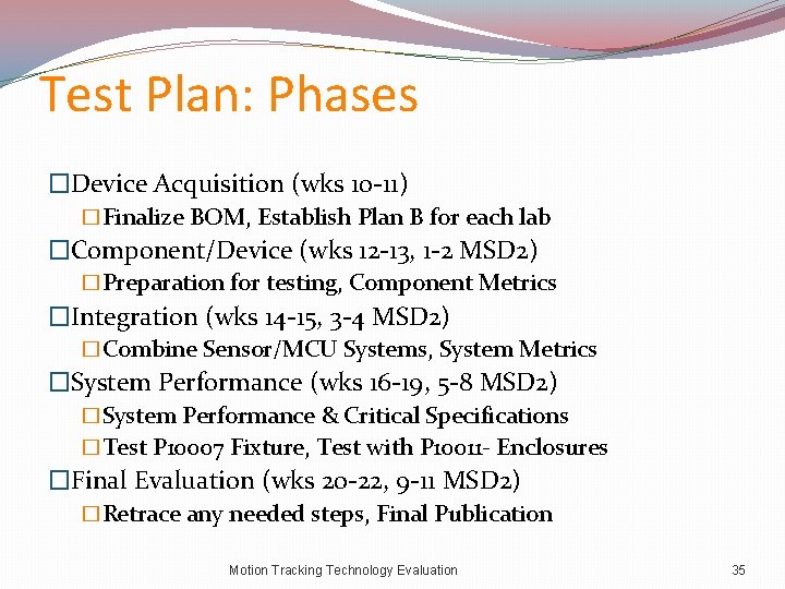 Test Plan: Phases �Device Acquisition (wks 10‐ 11) �Finalize BOM, Establish Plan B for