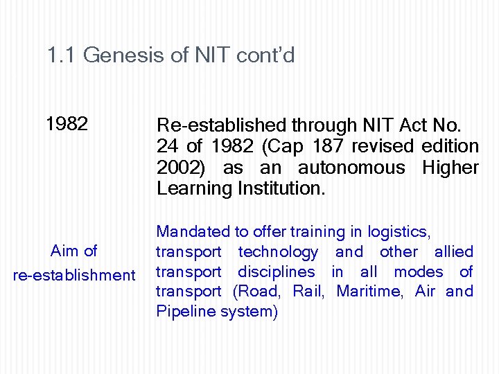 1. 1 Genesis of NIT cont’d 4 1982 Aim of re-establishment Re-established through NIT