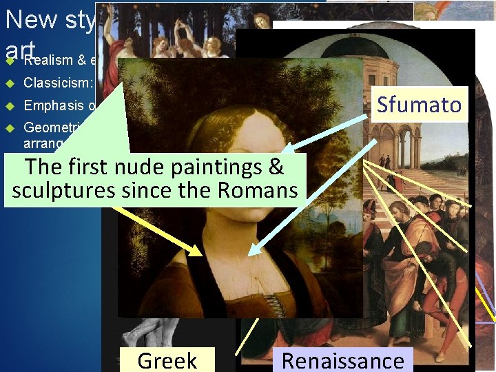 New styles & techniques of Renaissance art Realism & emotion Classicism: inspiration from Greece New styles & techniques of Renaissance art Realism & emotion Classicism: inspiration from Greece