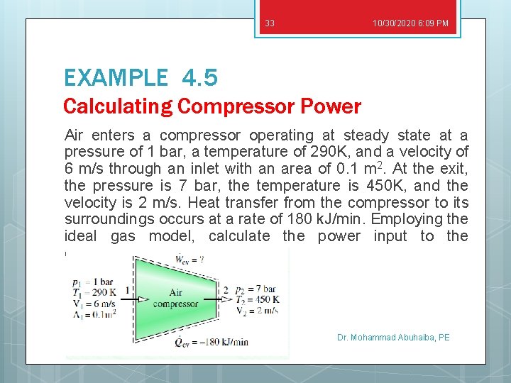 33 10/30/2020 6: 09 PM EXAMPLE 4. 5 Calculating Compressor Power Air enters a