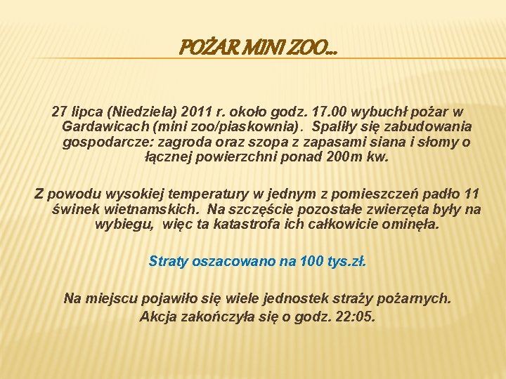 POŻAR MINI ZOO… 27 lipca (Niedziela) 2011 r. około godz. 17. 00 wybuchł pożar