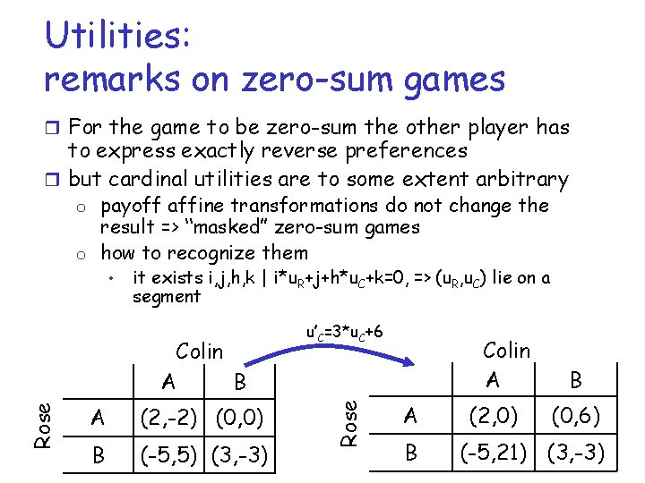 Utilities: remarks on zero-sum games r For the game to be zero-sum the other