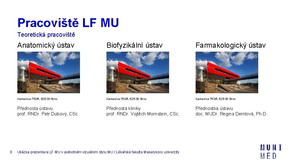 Pracoviště LF MU Teoretická pracoviště 8 Anatomický ústav Biofyzikální ústav Farmakologický ústav Kamenice 753/5, Pracoviště LF MU Teoretická pracoviště 8 Anatomický ústav Biofyzikální ústav Farmakologický ústav Kamenice 753/5,