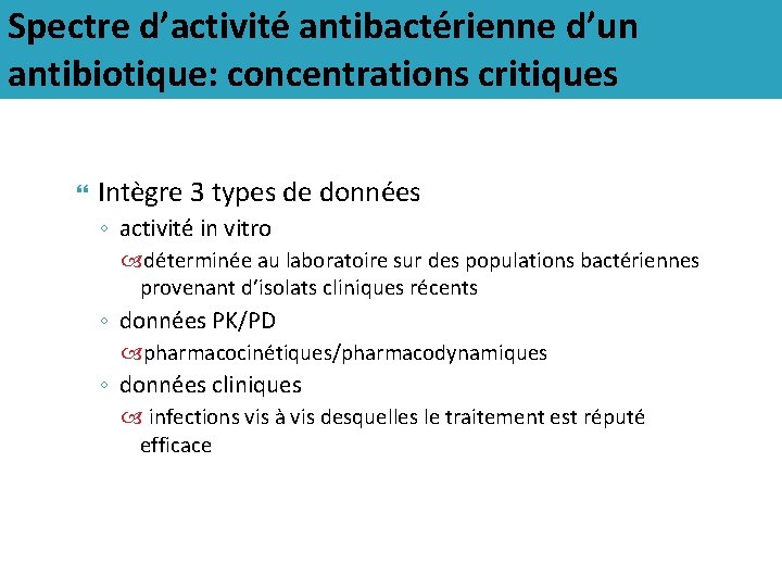 Spectre d’activité antibactérienne d’un antibiotique: concentrations critiques Intègre 3 types de données ◦ activité