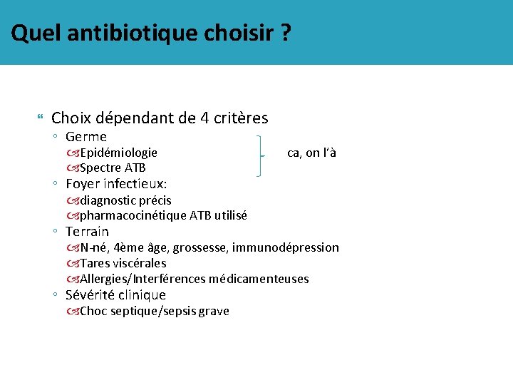  Quel antibiotique choisir ? Choix dépendant de 4 critères ◦ Germe Epidémiologie Spectre