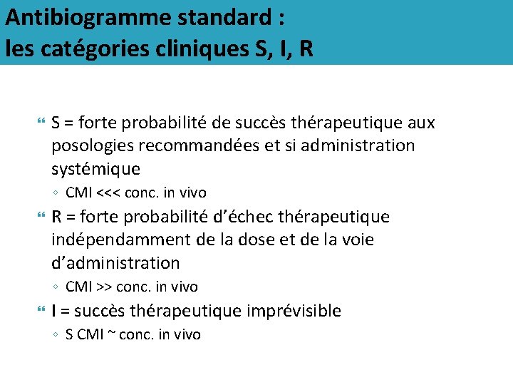 Antibiogramme standard : les catégories cliniques S, I, R S = forte probabilité de